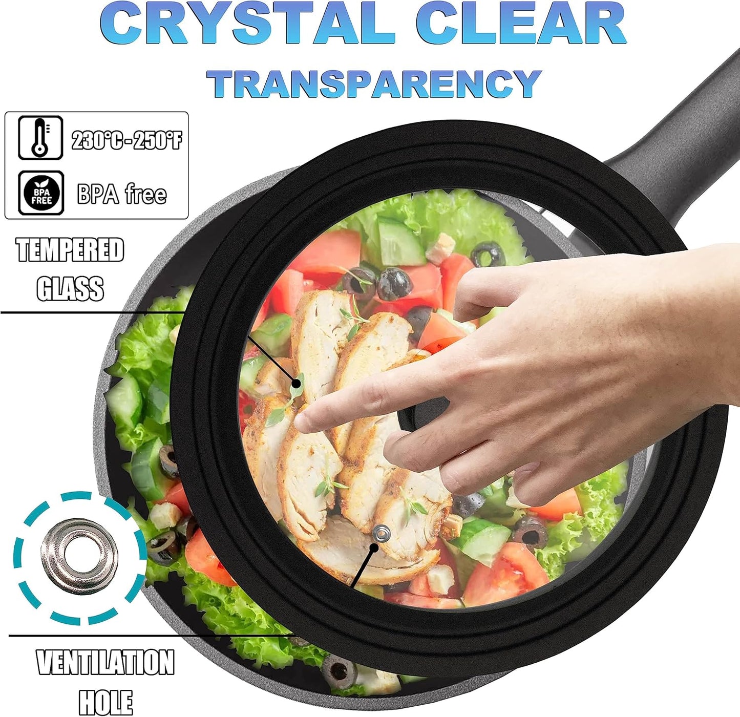 Tempered Glass Lid - Universal Lid with Heat Resistant Silicone Rim for Pots, Pans and Skillets - Pan Cover Replacement Lid Fits 8", 8.5" and 9.5" Diameter Cookware
