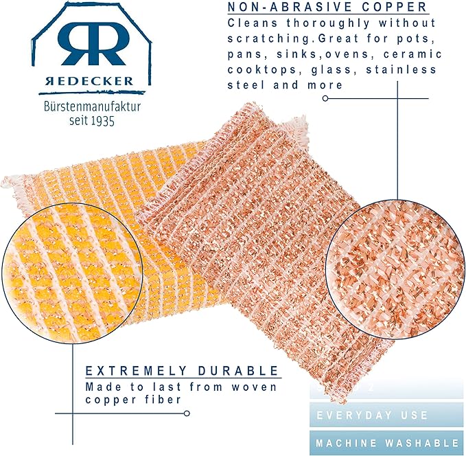 Redecker Copper Sponge, Set of 10, Includes 5 Large and 5 Medium Copper Fiber Sponges, Durable Non-Abrasive Scrubber, Cleans Stainless Steel Appliances, Pots and Pans, Auto Parts, Machine Washable