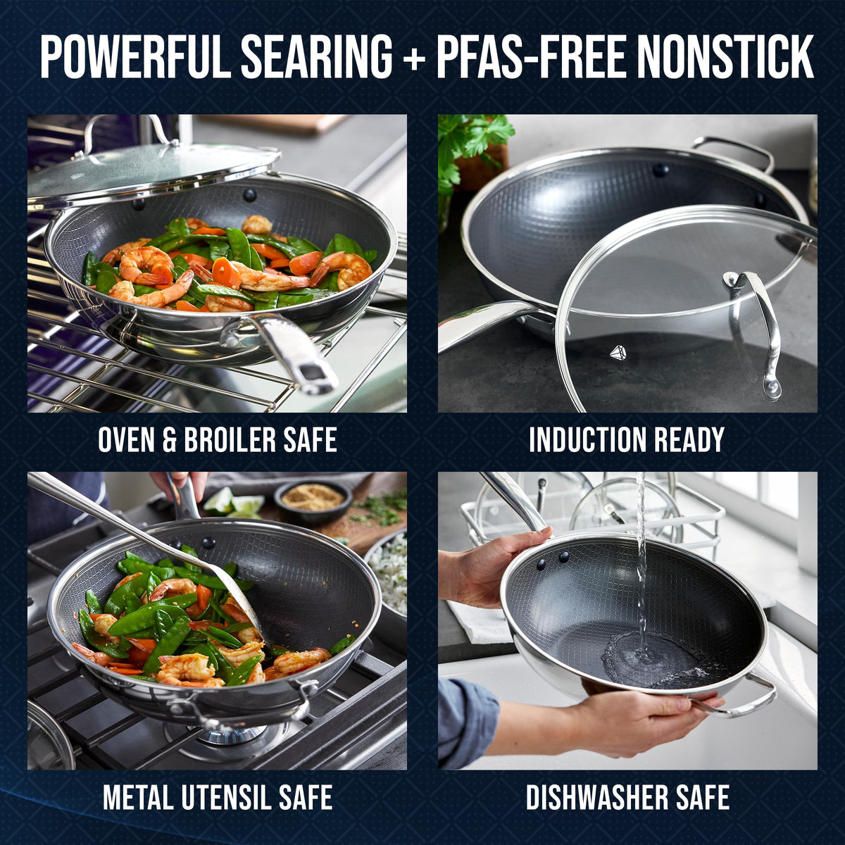 Hybrid Nonstick Stainless Steel 12” Wok with Lid
