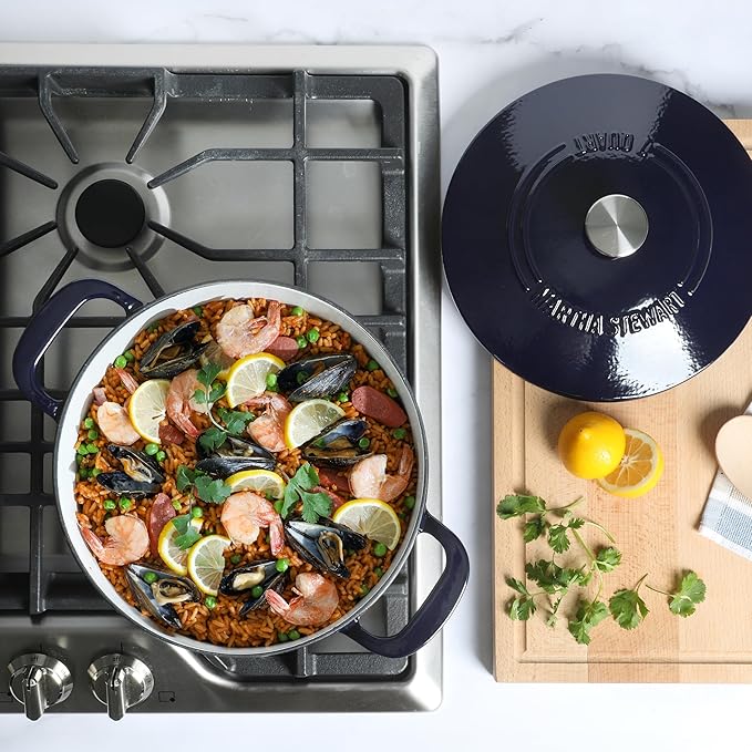 Martha Stewart Gatwick 7 QT Enamel Cast Iron Dutch Oven – Navy Blue, Heavy-Duty Durable Dutch Oven for Slow Cooking, Braising, and Baking
