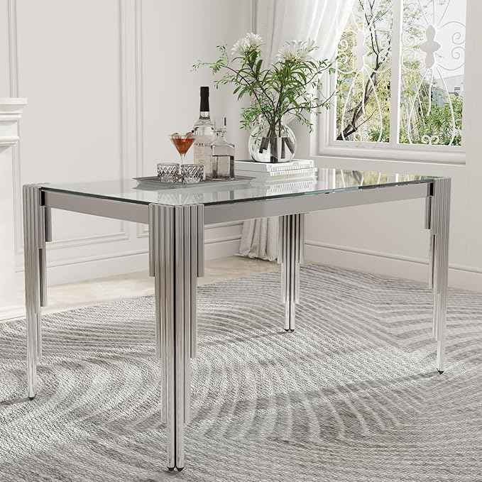 51'' Modern Glass Dining Table for 4 People,Tempered Glass Top Dining Room Table with Stainless Steel Base, Glass and Silver Dining Table for 4, Rectangle Dining Kitchen Table for Dinner