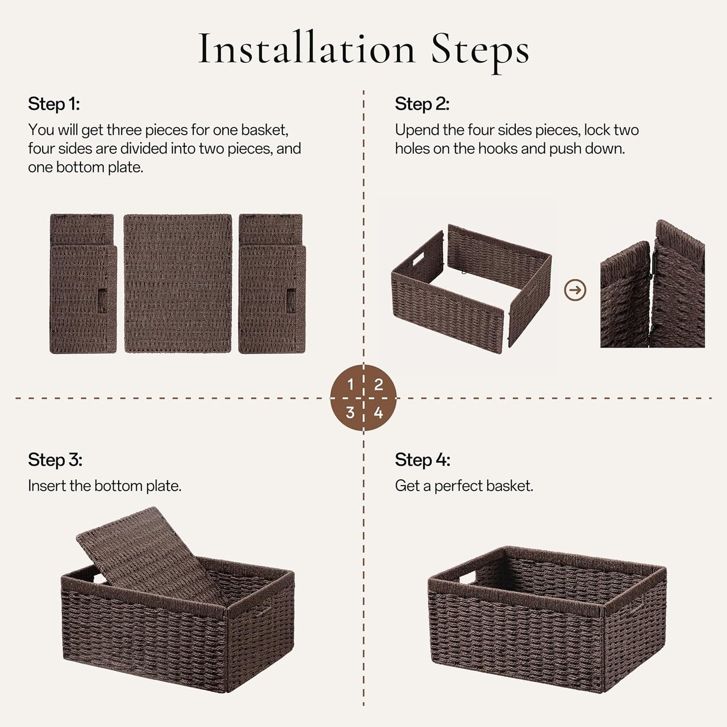 UBBCARE 2 Pack Wicker Basket, 16.5L×13H×7.5W inch Woven Paper Rope Storage Baskets for shelves, Foldable Rectangular Storage Baskets with Handle, Storage Basket for Organizing, Dark Brown