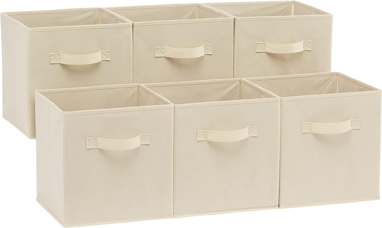 Amazon Basics Collapsible Fabric Storage Cubes Organizer with Handles, Sturdy, Beige, 10.5-x-10.5-x-11-inch, Pack of 6