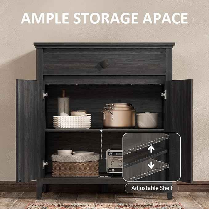 32'' Buffet Cabinet with Storage, Sideboard Cabinet with Drawer and Adjustable Shelf, Modern Accent Storage for Kitchen, Living Room, Entryway, Black