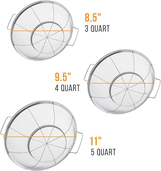 U.S. Kitchen Supply Set of 3 Stainless Steel Colander Strainers Net Baskets 5, 4, & 3-Quart - Colander with Handles & Resting Base - Stainless Steel Sieve, Mesh Strainers and Colanders for Kitchen