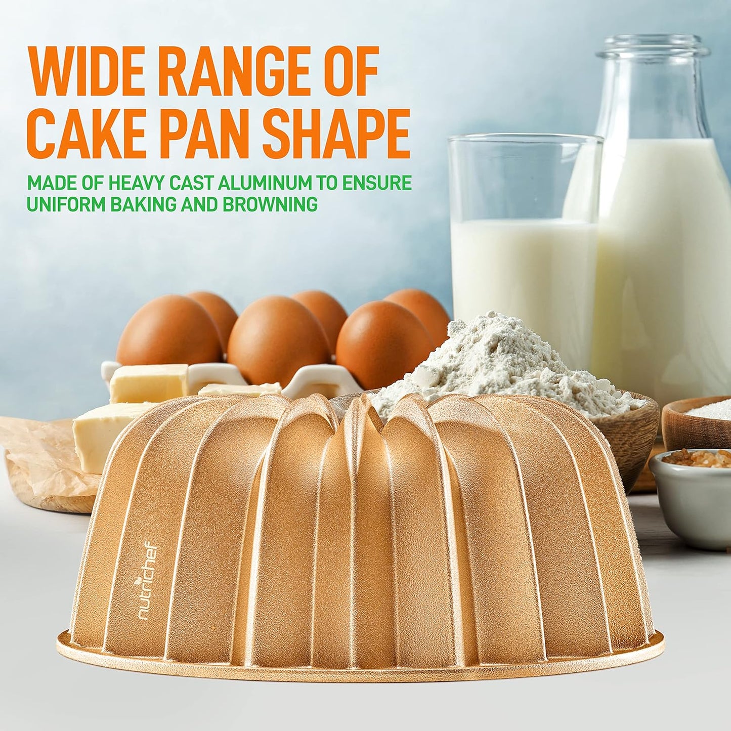 NutriChef 9-Inch Cake Pan - Thick and Heavy Cast Aluminum Bakeware Cake Mold with 2 Layers of Nonstick Coating - Fluted Lines Design for Uniform Baking Up To 500 Degrees - Easy to Clean, Gold - Culinary Roots