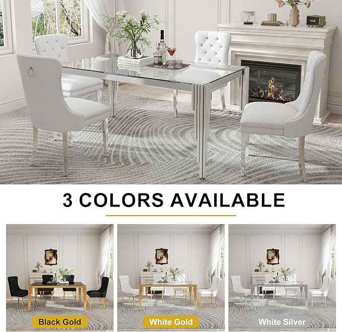 51'' Modern Glass Dining Table for 4 People,Tempered Glass Top Dining Room Table with Stainless Steel Base, Glass and Silver Dining Table for 4, Rectangle Dining Kitchen Table for Dinner