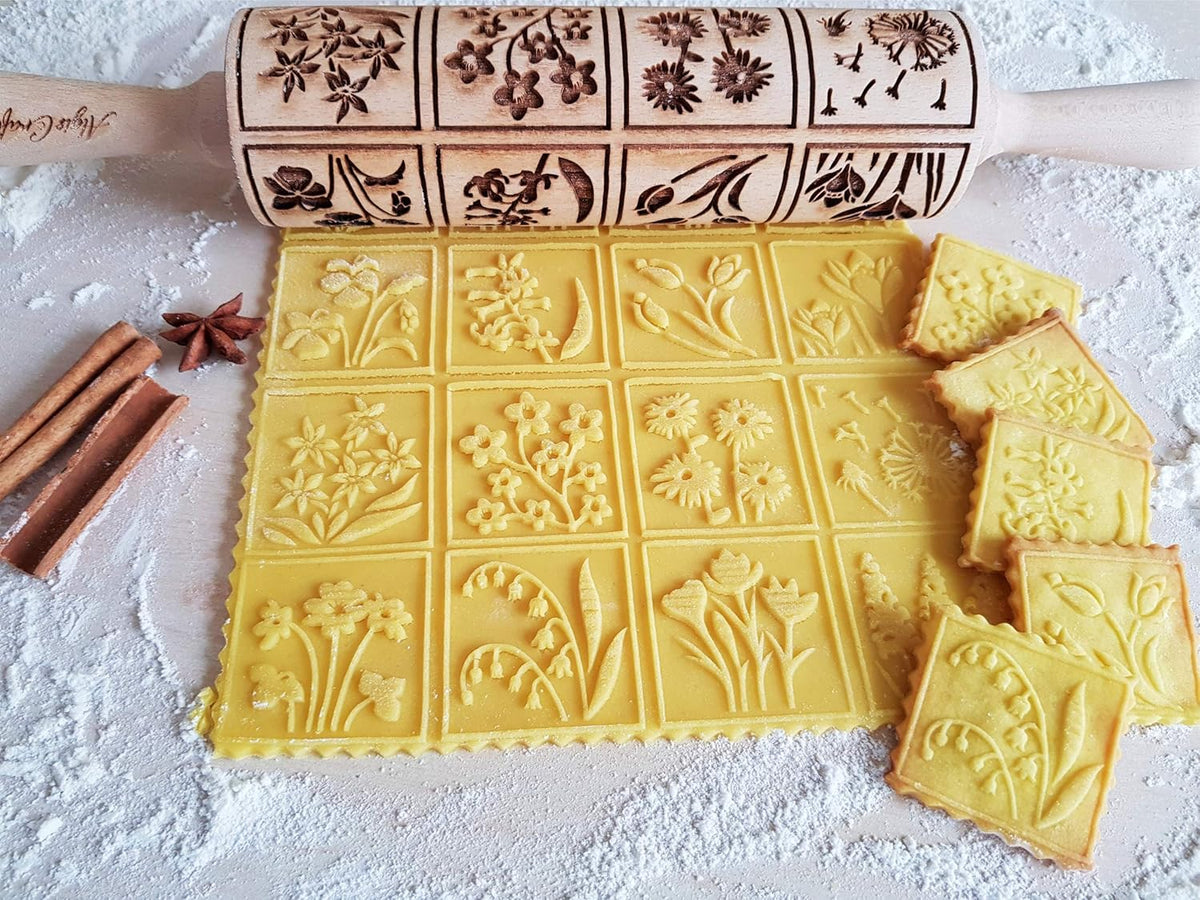 Embossing Rolling Pin SPRING FLOWERS with 16 different spring flowers by Algis Crafts