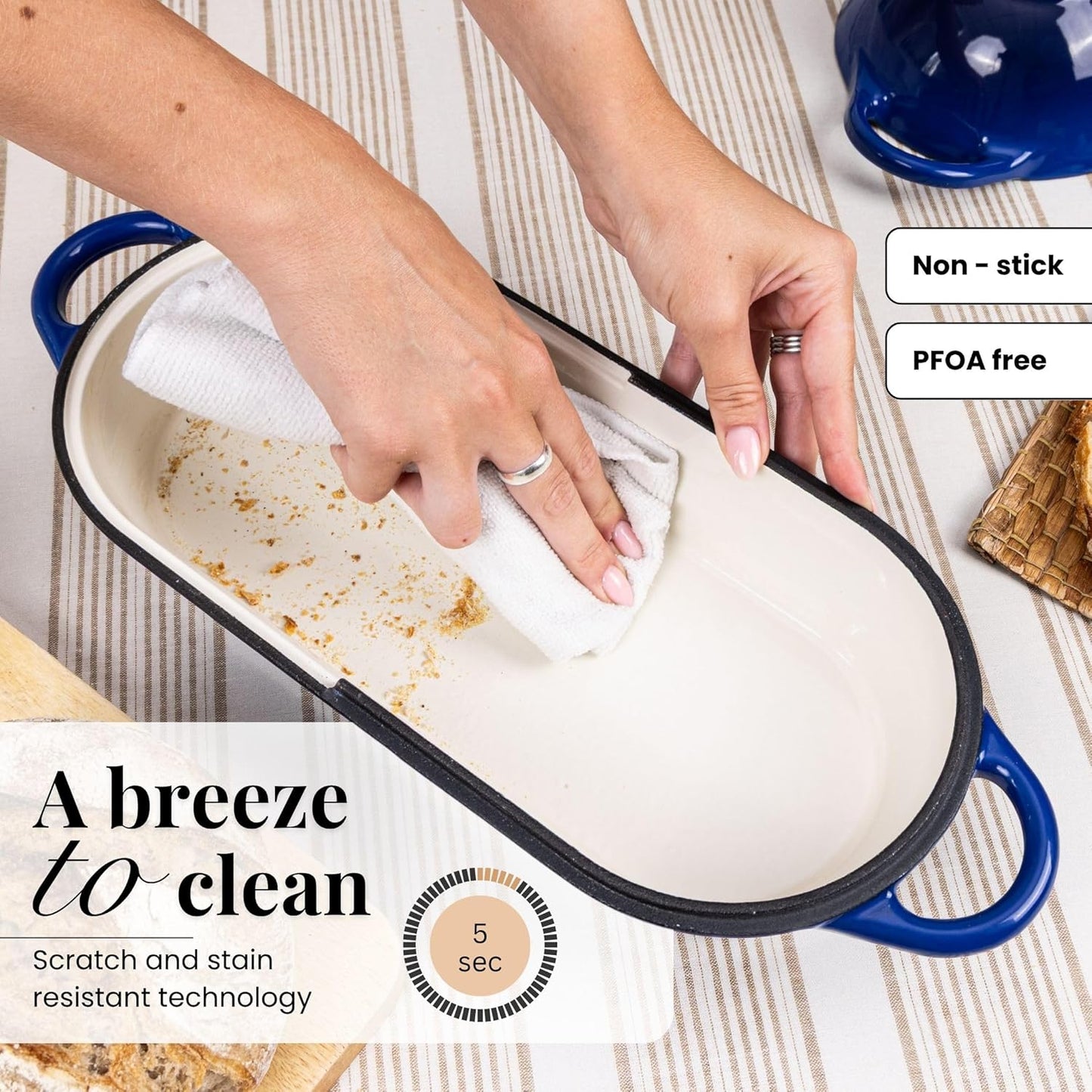 Enamelled Cast Iron Bread Loaf Pot – Dutch Oven For Sourdough Bread Baking – Oven Safe Non Stick Bread Pot – Rectangular, Dark Blue, 34cm x 16cm – by Nuovva - Culinary Roots