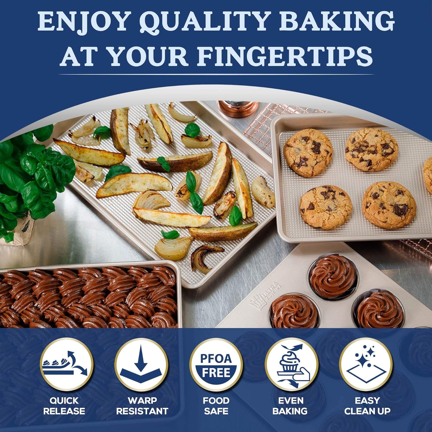 Ultra Cuisine Jelly Roll Baking Sheet Pan - Nonstick - Warp and Scratch Resistant - Enhanced Airflow - Durable Carbon Steel Design - Professional Roasting Quality - Baking Sheets Oven - 10 x 15 inch - Culinary Roots