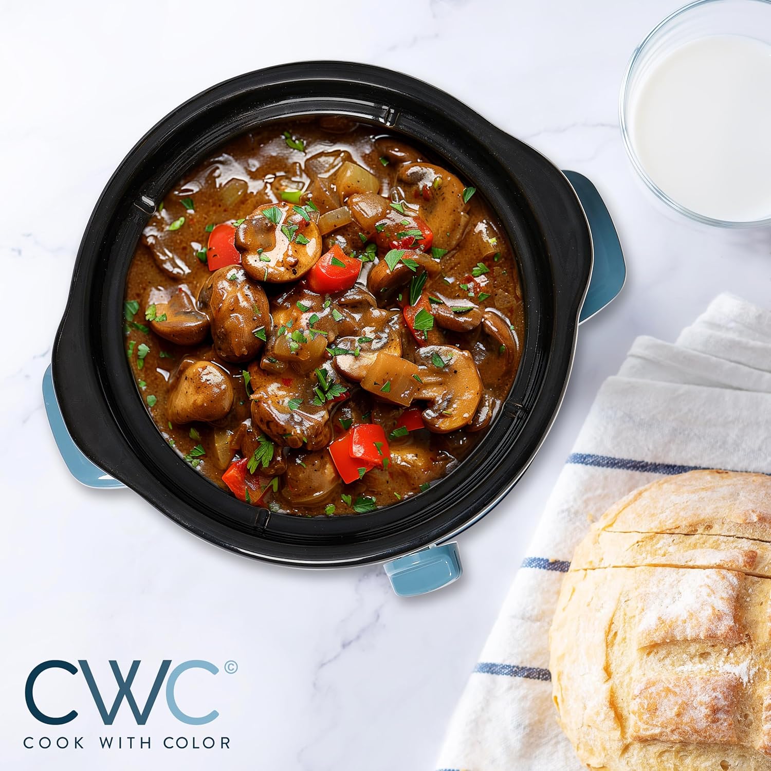 COOK WITH COLOR 2QT Mini Electric Round Slow Cooker - Adjustable Settings, Removable Stoneware Pot, Tempered Glass Lid, Dishwasher Safe, Cool-Touch Side Handles, Slate Blue - Culinary Roots