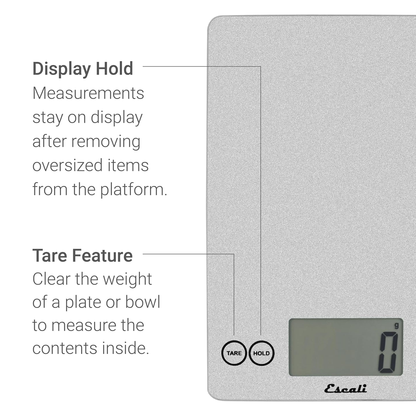 Escali Arti Glass Food Scale Digital Countertop Kitchen, Baking and Cooking Scale with Nutrition and Calorie Counter, 15-Pound Capacity, 9" x 6.5" x .75", Shiny Silver