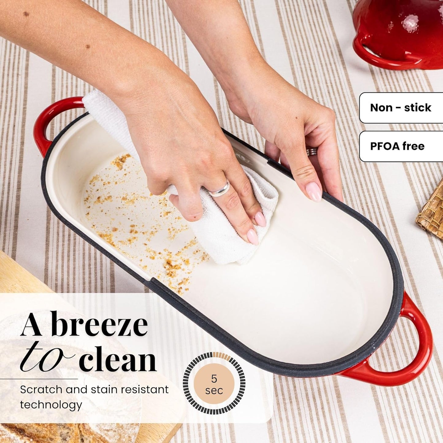 Enamelled Cast Iron Bread Loaf Pot – Dutch Oven For Sourdough Bread Baking – Oven Safe Non Stick Bread Pot – Rectangular, Red, 34cm x 16cm – by Nuovva - Culinary Roots