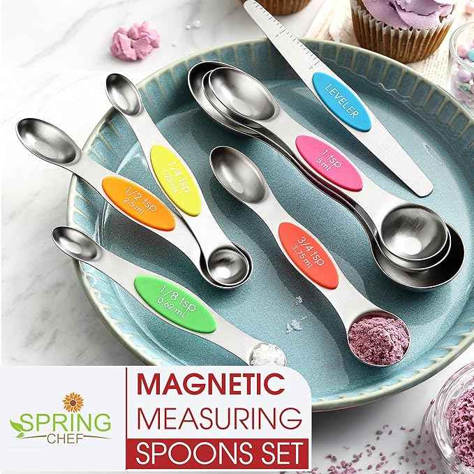 Spring Chef Stainless Steel Magnetic Measuring Spoons Set of 8 with Leveler, Nesting Metal Teaspoon & Tablespoon Measuring Spoons, Kitchen Gadgets for Baking & Cooking, Fits in Most Spice Jars - Neon
