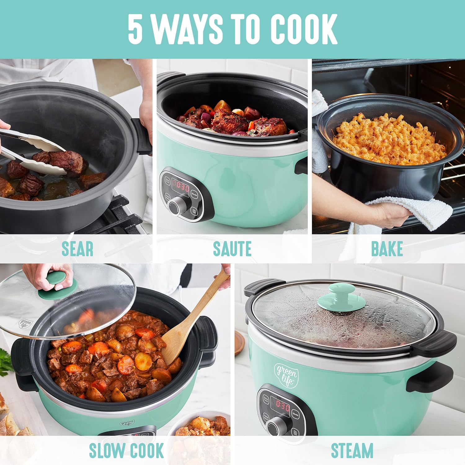 GreenLife 6 Quart Ceramic Slow Cooker, PFAS-Free, Programmable, Removable Healthy Nonstick Pot for Family Meals, Sear on Stovetop, Keep Warm, Digital Timer, Dishwasher Safe Glass Lid, Turquoise - Culinary Roots