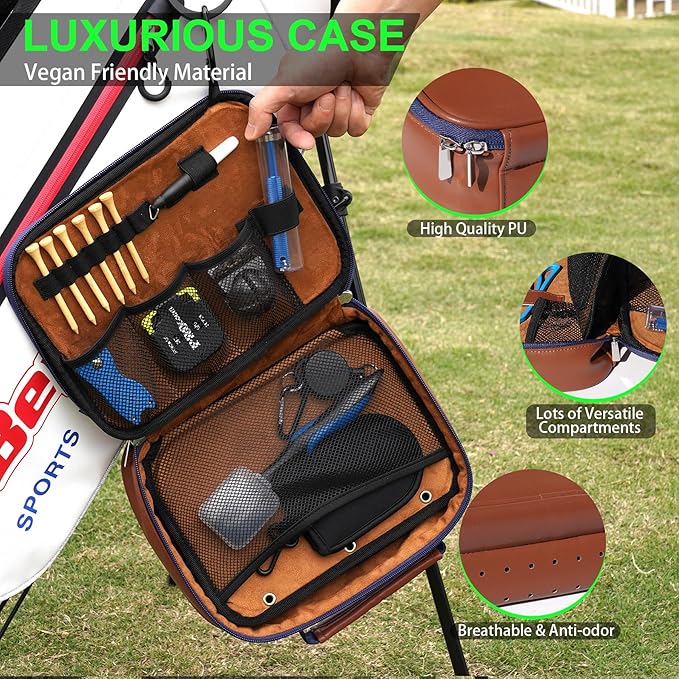 GAIARENA Golf Essential Accessories Kit with Luxury Carrying Case Bag, Golf Gift for Golfers, Golf Ball Liner Towel Cleaning Brush Divot Repair Tool Club Groove Sharpener