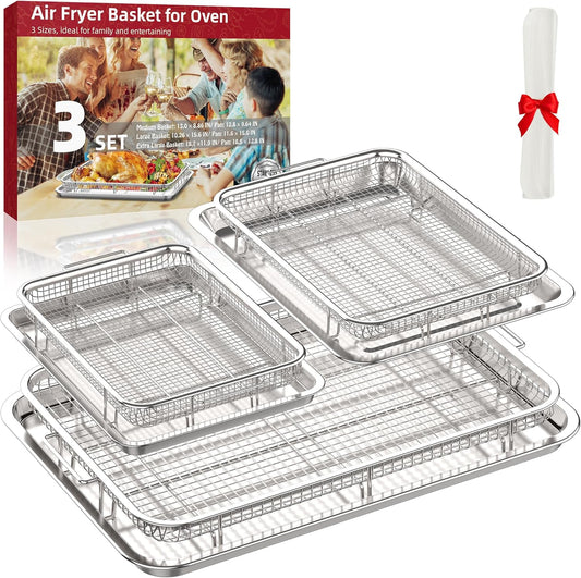 Air Fryer Basket for Oven, 3 Set Stainless Steel Oven Air Fryer Basket and Tray with 90 PCS Parchment Papers, OPENICE Air Fryer Pans and Crisper Tray - 18.7" x 12.8", 15.6" × 11.6" & 12.8" × 9.6" - Culinary Roots