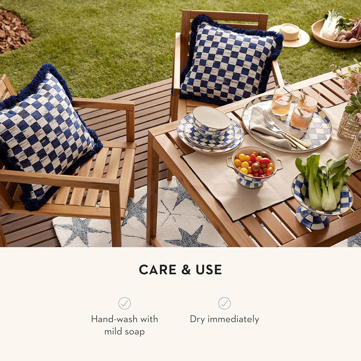 MACKENZIE-CHILDS Enamel Round Tray, Unique Serving Platter for Food and Drinks, Blue-and-White Royal Check