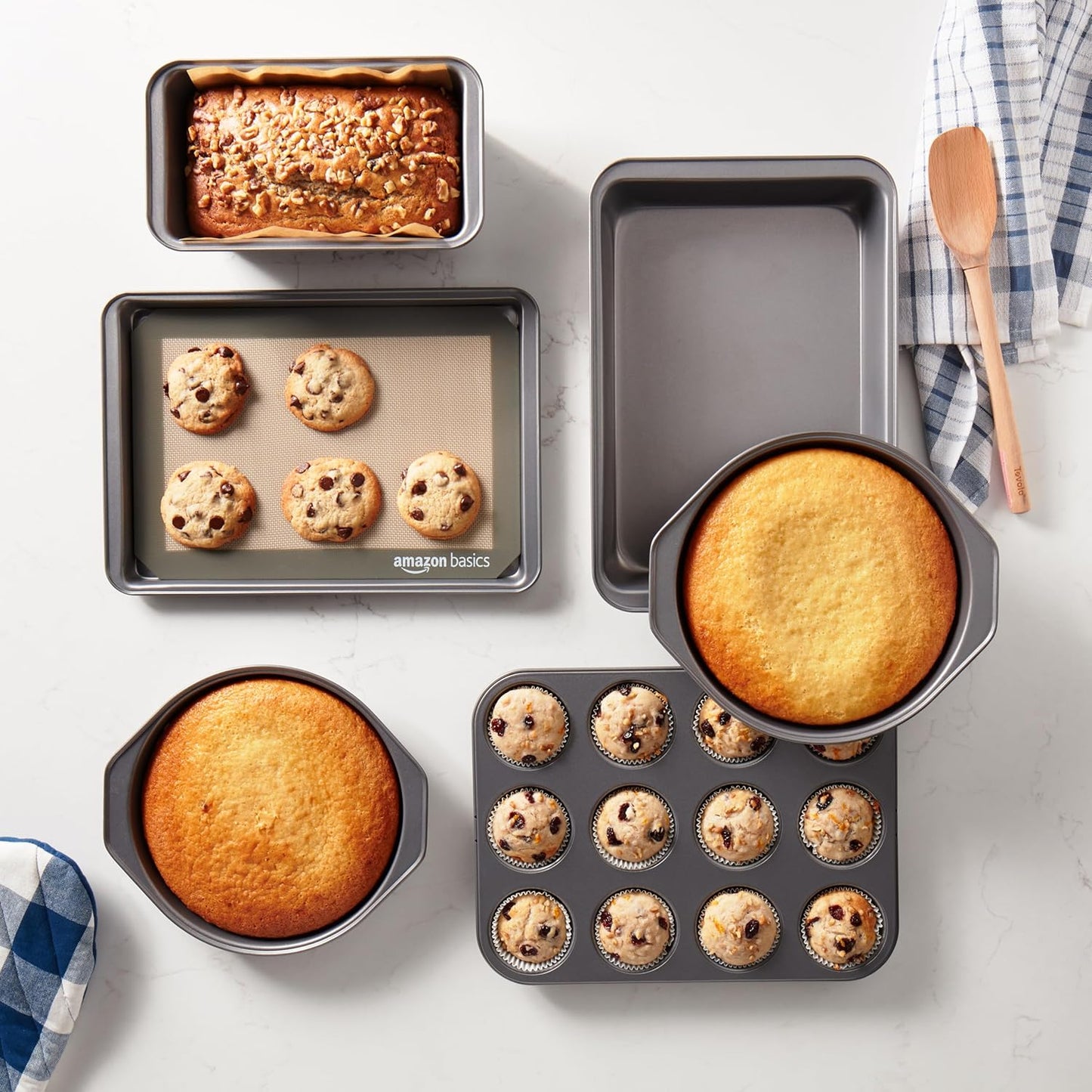 Amazon Basics 6 Piece Nonstick, Carbon Steel Oven Safe Bakeware Set with Cake, Muffin, Cookie, and Loaf Pans, 6 Piece, 16.25 x 11.75 x 6.25 inches - Culinary Roots