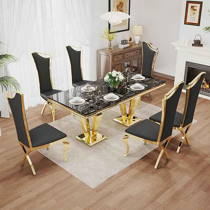 AF ARTISAN FURNITURE 7 Piece Luxury Dining Room Set, Modern Dining Table and Upholstered Chairs Set, Marble Kitchen Table Set for 6, Big Kitchen Dinner Tables Kit with Gold Base