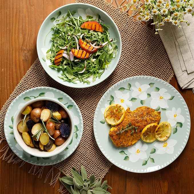Bloomhouse Magnolia Bloom 16 Piece Double Bowl Hand Painted Stoneware Plates and Bowls Floral Dinnerware Set