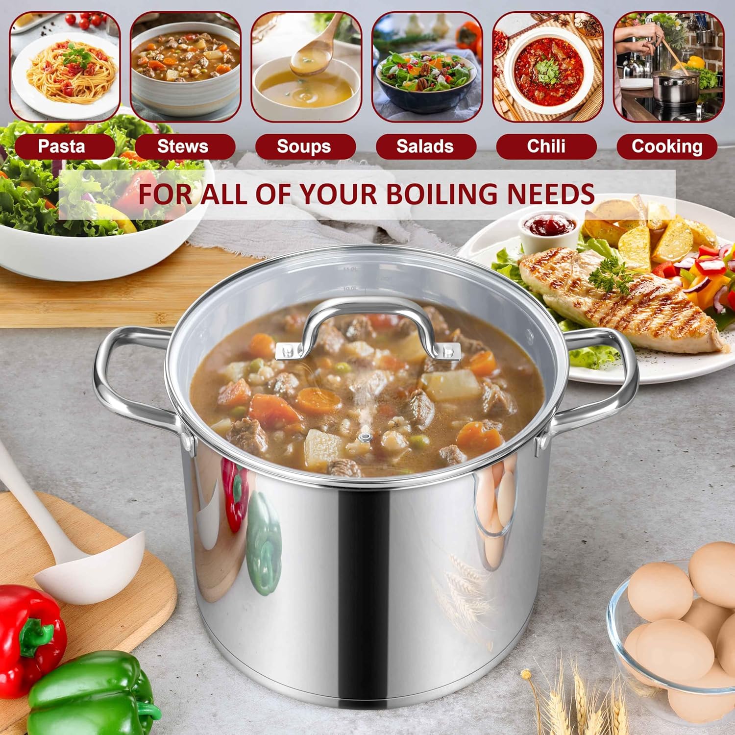 Herogo 12-Quart 18/10 Stainless Steel Stock Pot with Lid, Large Heavy Duty Soup Pot Compatible with Electric, Gas, Induction and Various Cooktops, Dishwasher Safe - Culinary Roots