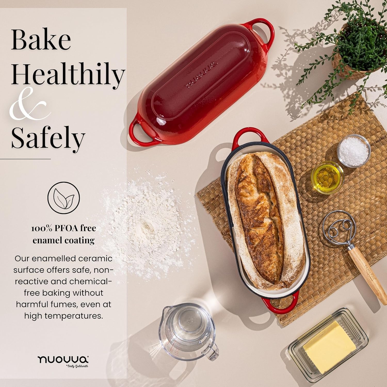 Enamelled Cast Iron Bread Loaf Pot – Dutch Oven For Sourdough Bread Baking – Oven Safe Non Stick Bread Pot – Rectangular, Red, 34cm x 16cm – by Nuovva - Culinary Roots