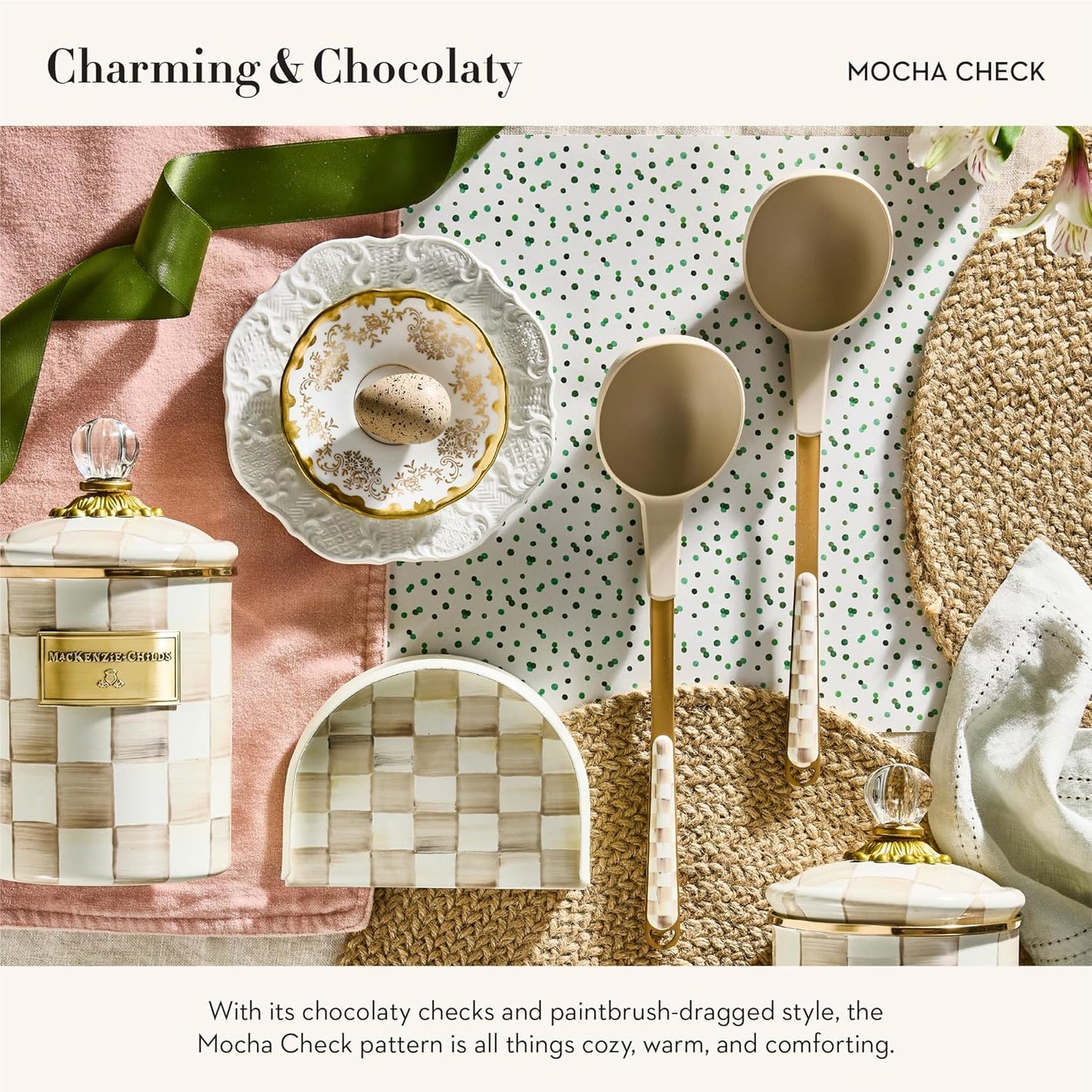MACKENZIE-CHILDS Kitchen Ladle, Silicone Ladle Spoon for Cooking, Brown-and-White Mocha Check - Culinary Roots