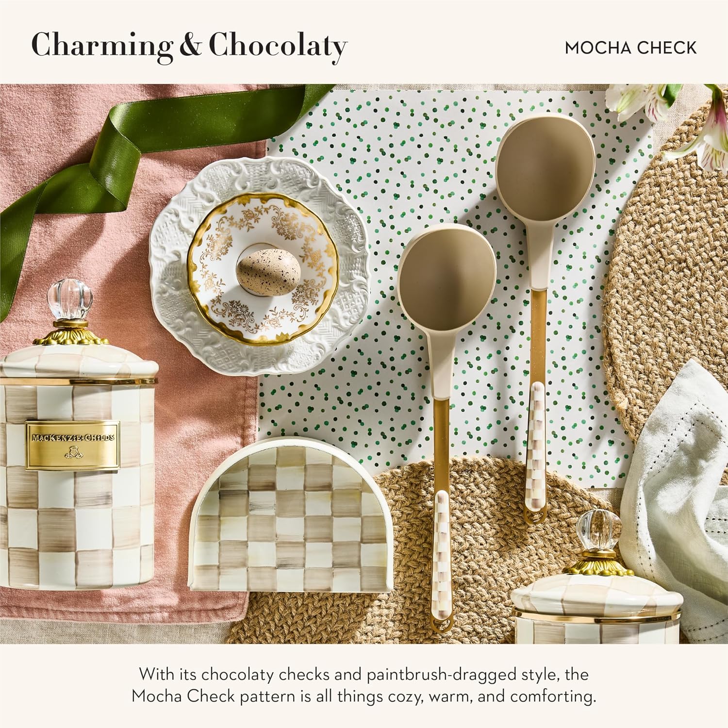 MACKENZIE-CHILDS Kitchen Ladle, Silicone Ladle Spoon for Cooking, Brown-and-White Mocha Check - Culinary Roots
