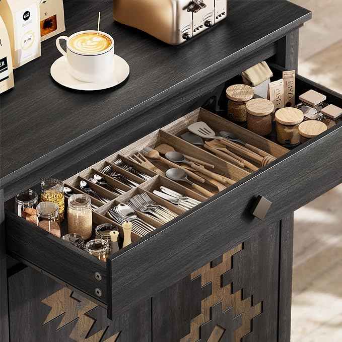 32'' Buffet Cabinet with Storage, Sideboard Cabinet with Drawer and Adjustable Shelf, Modern Accent Storage for Kitchen, Living Room, Entryway, Black