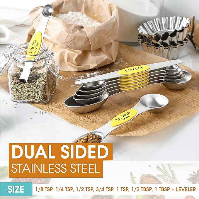 Spring Chef Yellow Stainless Steel Magnetic Measuring Spoons Set of 8 with Leveler, Dual Sided Metal Teaspoon & Tablespoon Measuring Spoons, Kitchen Gadgets for Baking & Cooking, Fits in Spice Jars