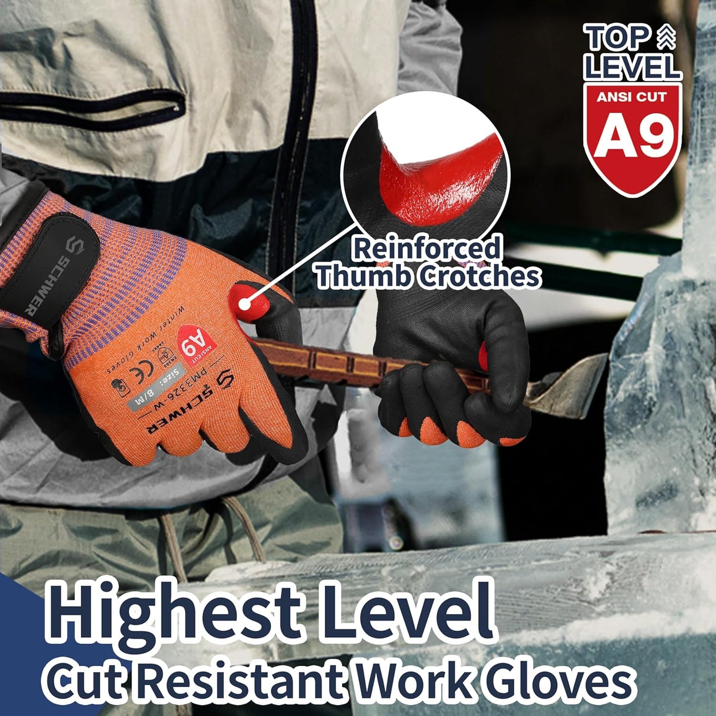 Schwer FreezeGuard-X Winter Work Gloves for Men and Women, ANSI A9 Cut Resistant Glove for Extreme Protection, Freezer Gloves With Super Grip, Thermal Insulated, PM3326-W (XXL,1 Pair)