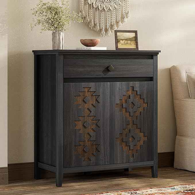 32'' Buffet Cabinet with Storage, Sideboard Cabinet with Drawer and Adjustable Shelf, Modern Accent Storage for Kitchen, Living Room, Entryway, Black