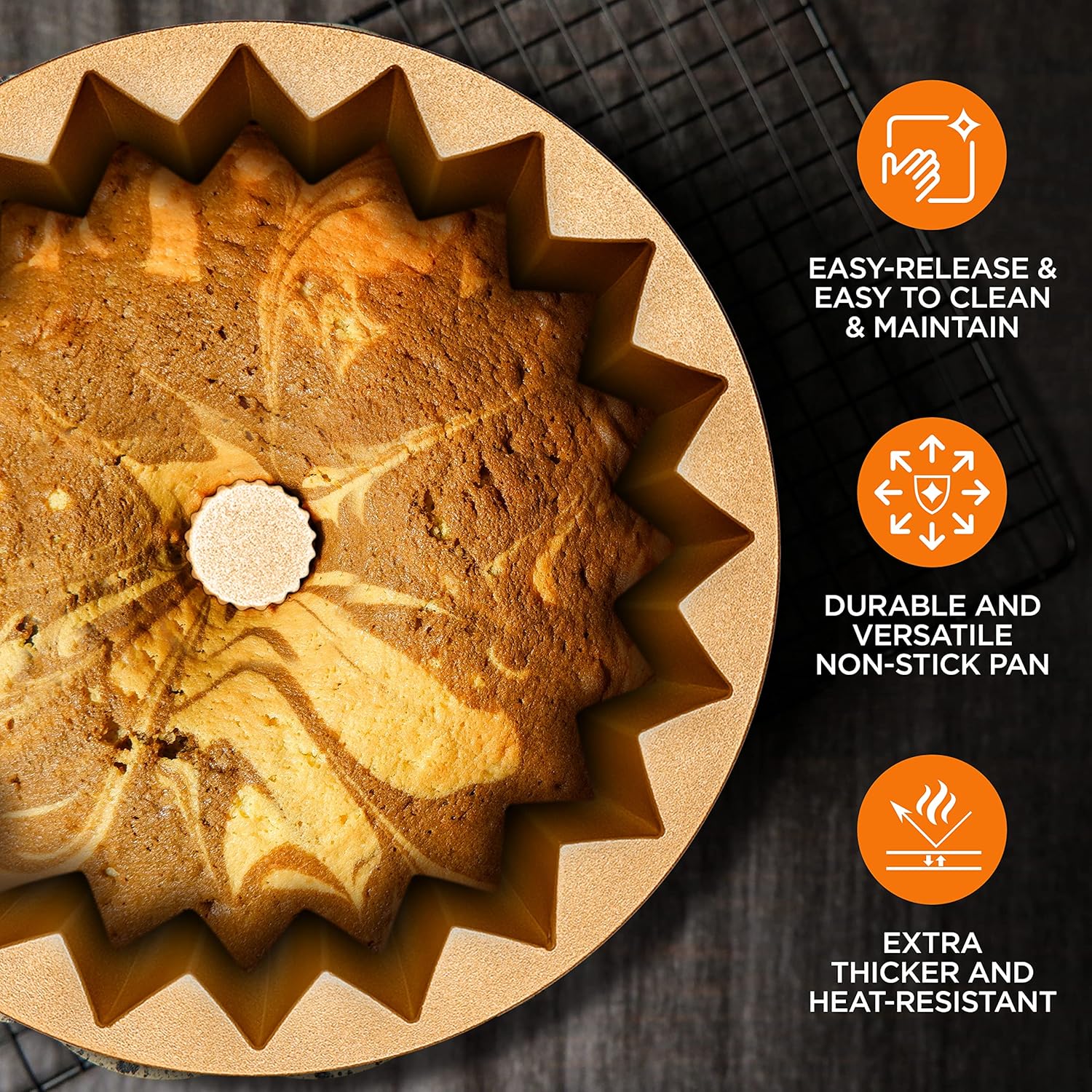 NutriChef 9-Inch Cake Pan - Thick and Heavy Cast Aluminum Bakeware Cake Mold with 2 Layers of Nonstick Coating - Fluted Lines Design for Uniform Baking Up To 500 Degrees - Easy to Clean, Gold - Culinary Roots