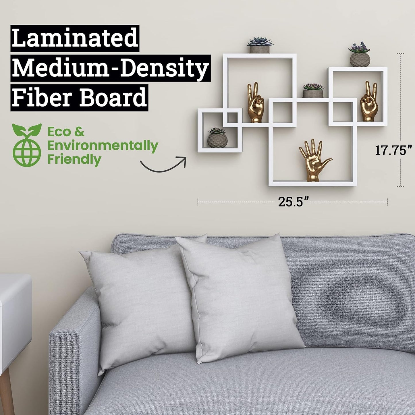 Greenco Gray Floating Cube Shelves - Intersecting Wall Mounted Shelves - Bedroom Decor for Men - Wall Decor Square Shelves for Bedrooms, Living Rooms & More - Set of 4 Box Shelves