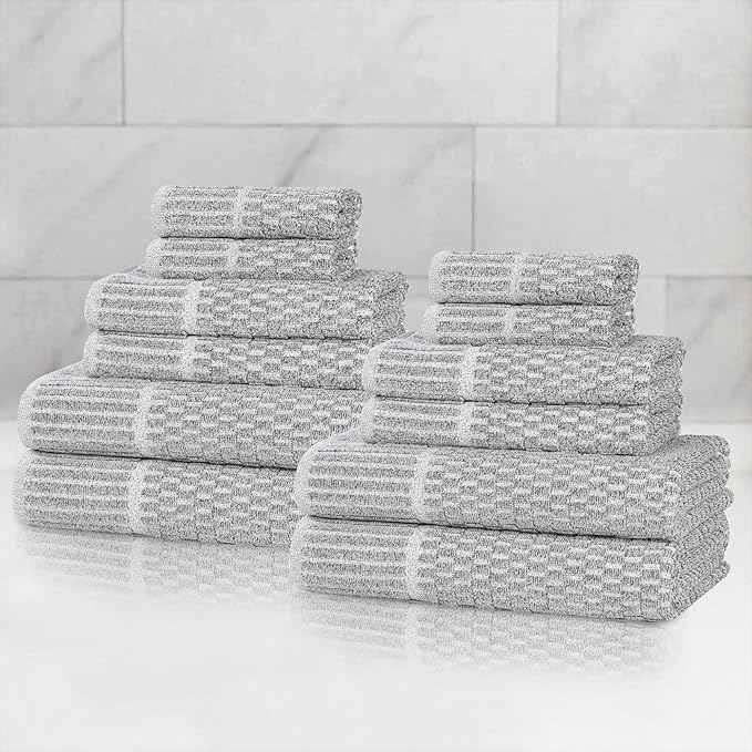 Superior Juno Viscose Cotton Blend Medium Weight Towels, for Bathroom, Shower, Spa, Plush, Quick Dry, Ultra-Soft Towels, Bath Essentials, Border Detail, 12 Piece Assorted Towel Set, Charcoal