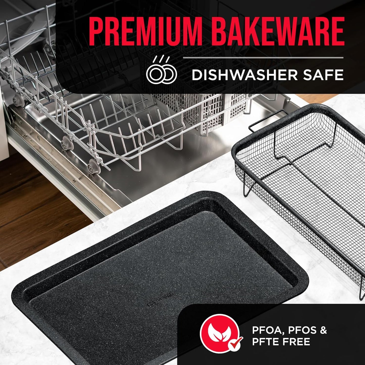 Crisper Tray Gray marble Coating - 2-Piece Set, Non-Stick Basket Design for Healthier Cooking in Regular Ovens - Make Great Crispy Food, Bacon and More, Extra Large Size 19" x 13" - Culinary Roots