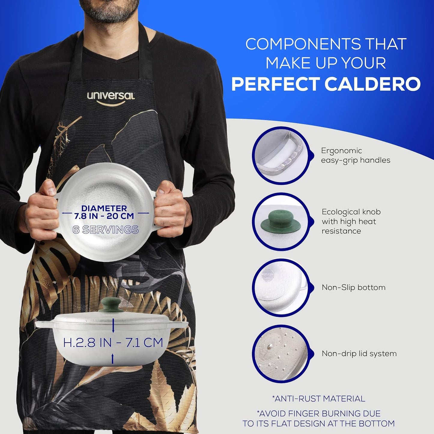 Universal (Extra Small) Caldero 6 Cups - 1.8 QT / 1.7 L, Stainless Aluminum Pot, Even Heat Distribution and Fast Cooking Dutch Oven Pot, Ergonomic Handles, Ideal for Rice, French Fries, and More - Culinary Roots