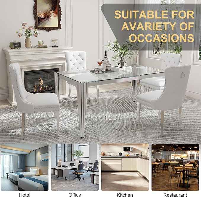 51'' Modern Glass Dining Table for 4 People,Tempered Glass Top Dining Room Table with Stainless Steel Base, Glass and Silver Dining Table for 4, Rectangle Dining Kitchen Table for Dinner