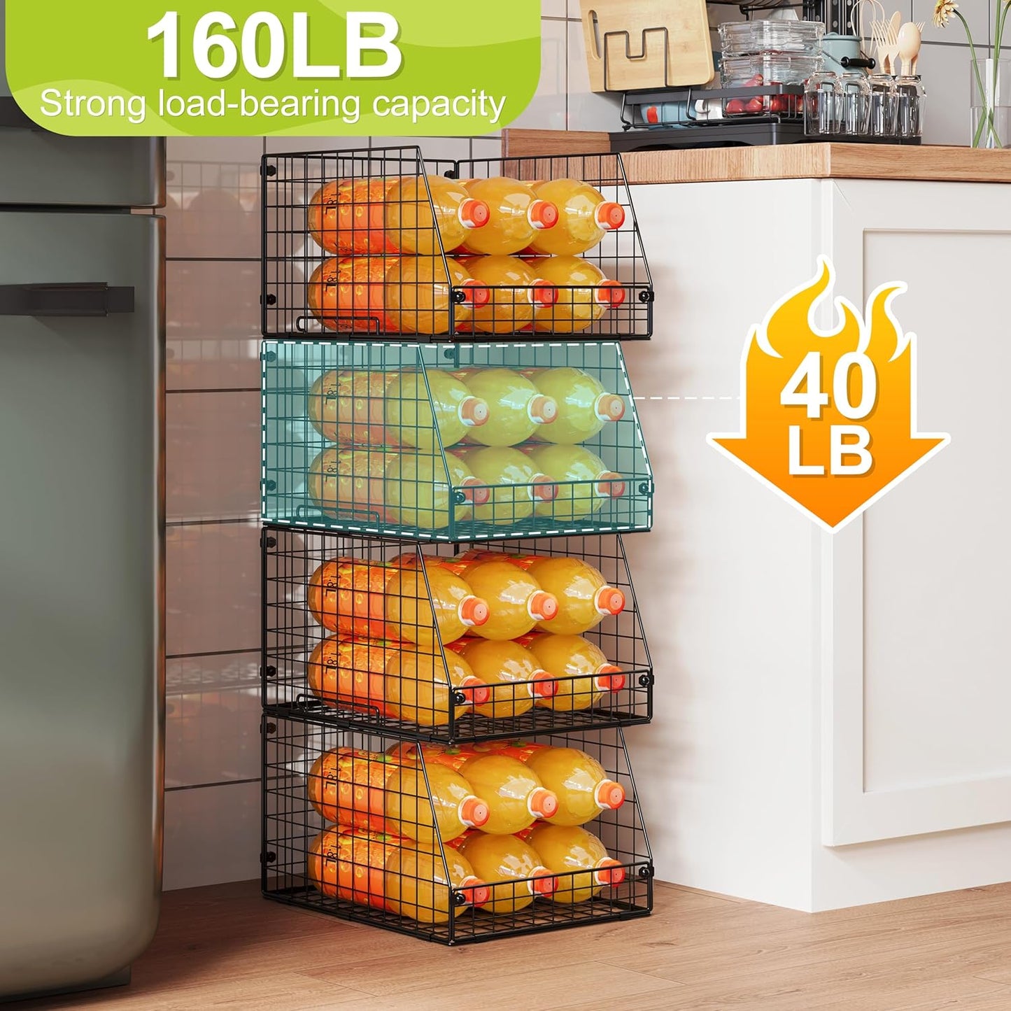 4 Pack XXL Stackable Wire Storage Basket, Extra Large Capacity Pantry Organizer and Storage, Muti-Purpose for Fruit Vegetable Basket & Toy Bin & Snack Organizer