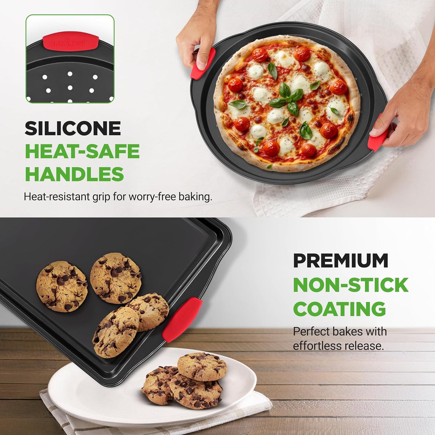 NutriChef Non-Stick Kitchen Oven Baking Pans-Deluxe & Stylish Nonstick Gray Coating Inside Outside, Commercial Grade Restaurant Quality Metal Bakeware with Red Silicone Handles NCSBS8S, 8 Piece Set - Culinary Roots