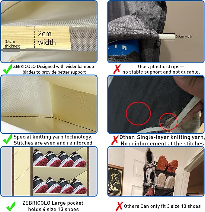 Over The Door Shoe Organizer, 70 Pounds Large Capacity, 20-30-Pair shoe organizer, Heavy Duty-Extra Deep Pockets ,Anti-Scratch Hooks & FSC-Certified Bamboo ,Engineered for Men’s Size 13 shoe,Beige