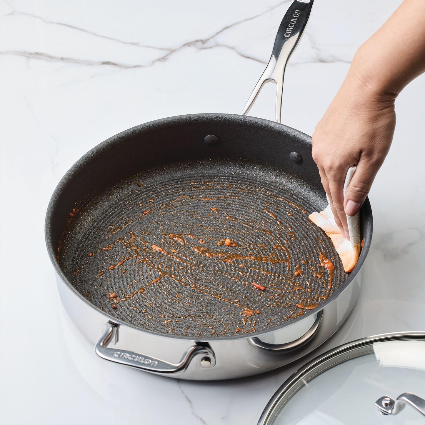 C1 Series Clad Stainless Steel with ScratchDefense Technology Cookware Nonstick Induction Saute Pan with Lid and Helper Handle