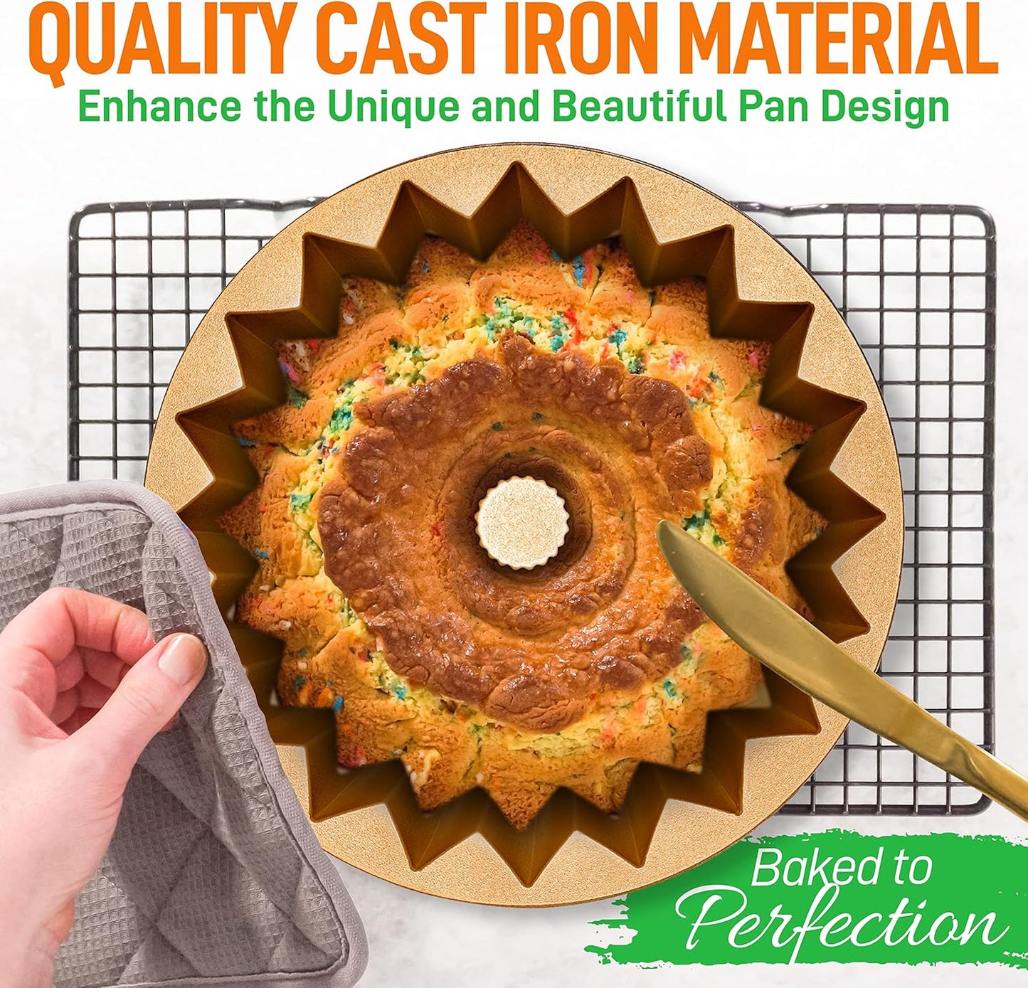 NutriChef 9-Inch Cake Pan - Thick and Heavy Cast Aluminum Bakeware Cake Mold with 2 Layers of Nonstick Coating - Fluted Lines Design for Uniform Baking Up To 500 Degrees - Easy to Clean, Gold - Culinary Roots