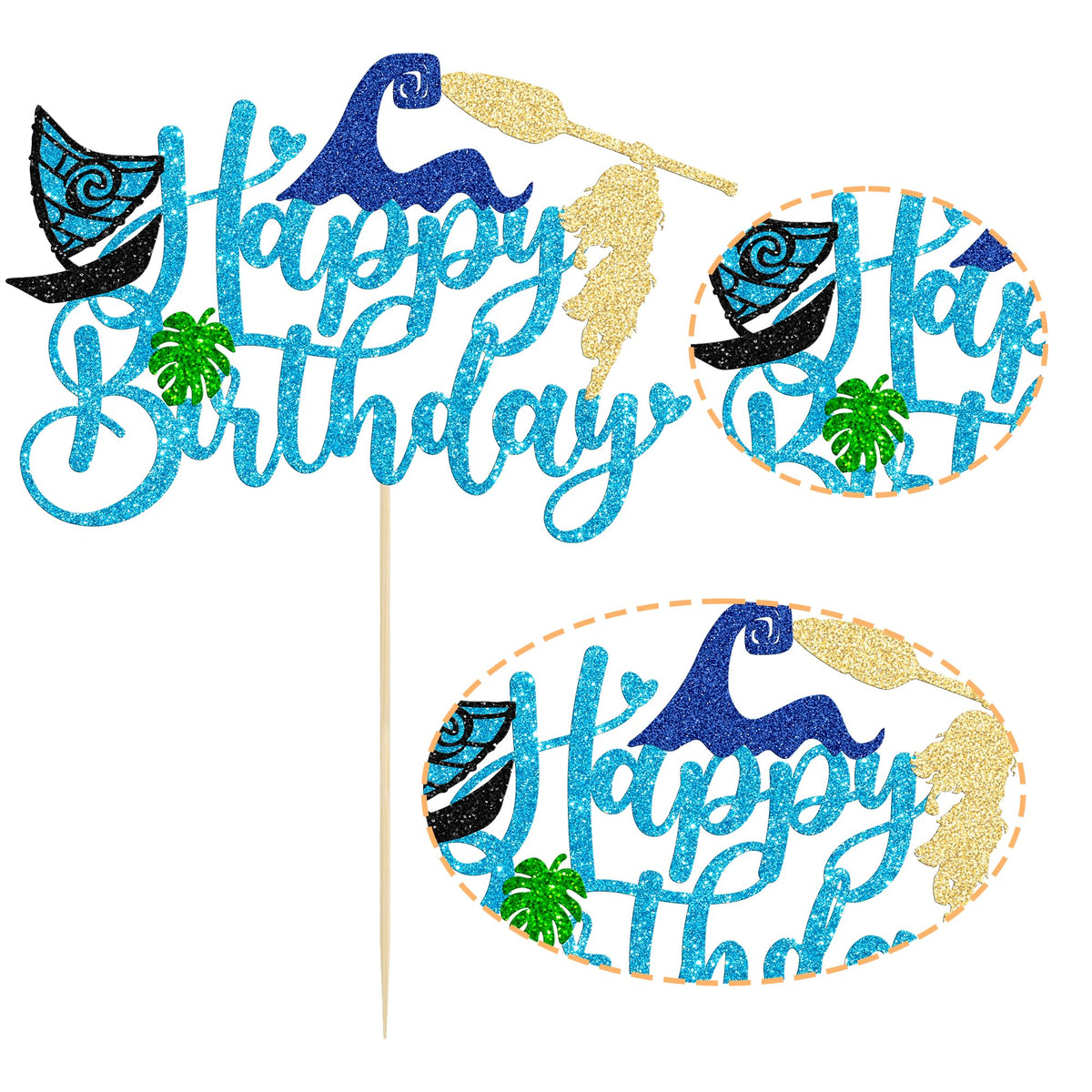 1Pcs Summer Cake Topper Glitter Tree Flower Happy Birthday Cake Pick Decoration for Tropical Hawaiian Luau Theme Baby Shower Kids Birthday Party Cake Decorations Supplies Blue