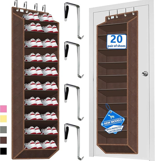 Over The Door Shoe Organizer, 70 Pounds Large Capacity, 20-30-Pair shoe organizer, Heavy Duty-Extra Deep Pockets ,Anti-Scratch Hooks & FSC-Certified Bamboo ,Engineered for Men’s Size 13 shoe,coffee