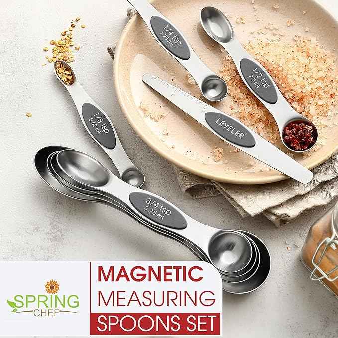 Spring Chef Stainless Steel Magnetic Measuring Spoons Set of 8 with Leveler, Dual Sided Metal Teaspoon & Tablespoon Measuring Spoons - Kitchen Gadgets For Baking and Cooking, Gray