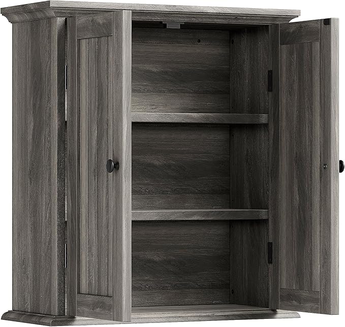 ChooChoo Bathroom Wall Cabinet, Over The Toilet Space Saver Storage Cabinet, Farmhouse Medicine Cabinet with 2 Doors and Adjustable Shelves, Cupboard, Retro Grey