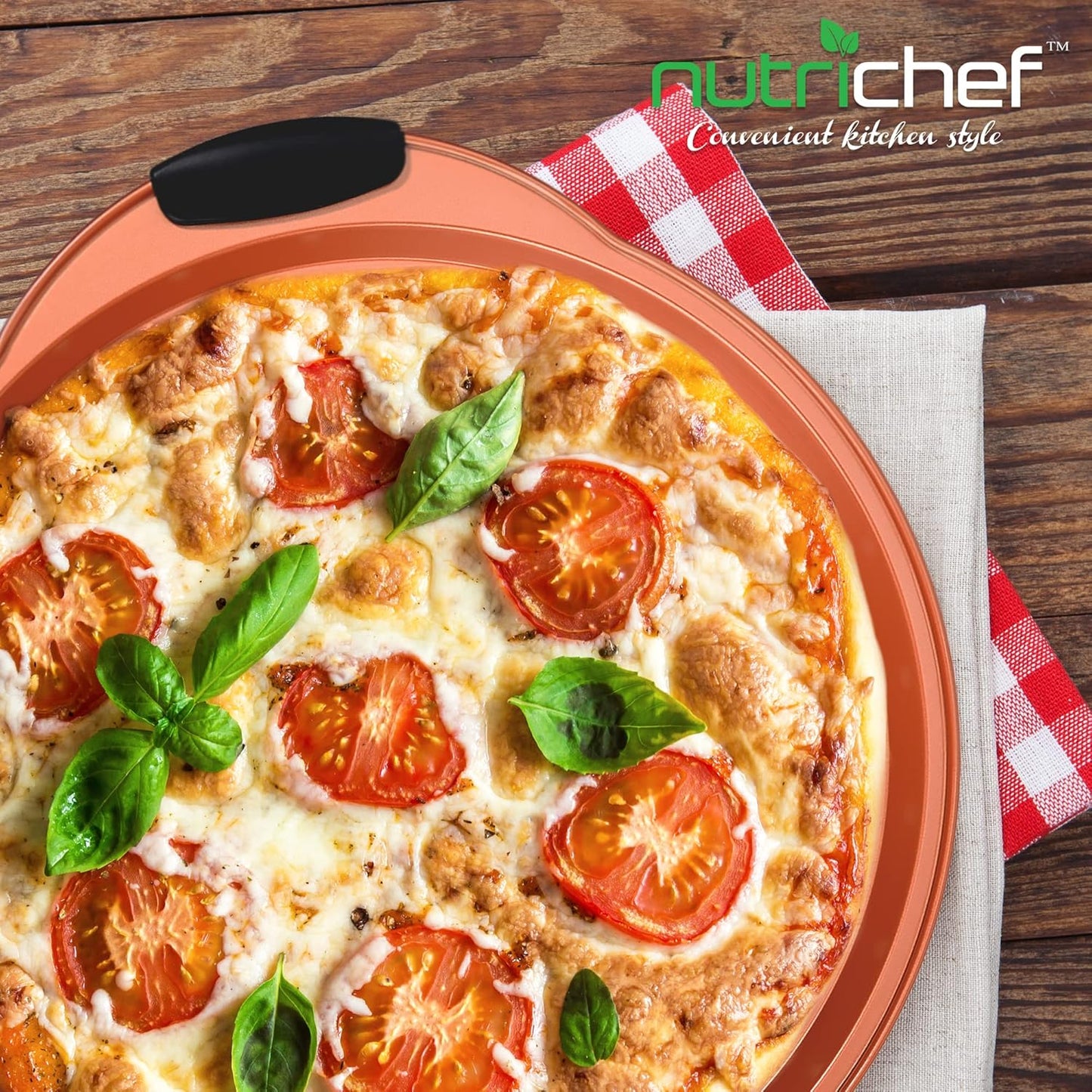NutriChef 13-Inch Nonstick Pizza Tray - Round Carbon Steel Non-Stick Pizza Baking Pan with Perforated Holes, Premium Bakeware Pizza Screen with Silicone Grip Handles, Dishwasher Safe - Copper - Culinary Roots