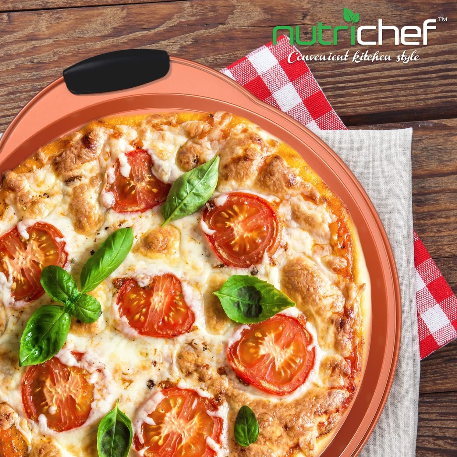 NutriChef 13-Inch Nonstick Pizza Tray - Round Carbon Steel Non-Stick Pizza Baking Pan with Perforated Holes, Premium Bakeware Pizza Screen with Silicone Grip Handles, Dishwasher Safe - Copper - Culinary Roots
